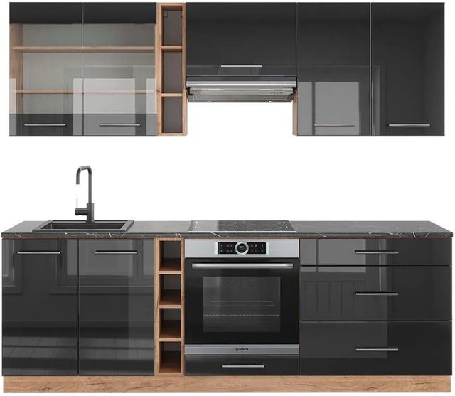 Vicco Fame-Line Küchenzeile Anthrazit Hochglanz mit Goldkraft Eiche, Breite: 235 cm - Bild 1
