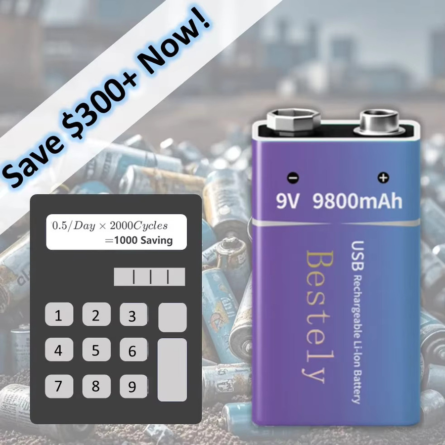 Rscrola Wiederaufladbare 9V Li-Ion Batterie mit 9800mAh Kapazität und USB-C Anschluss für Rauchmelder und Feueralarme - Bild 4