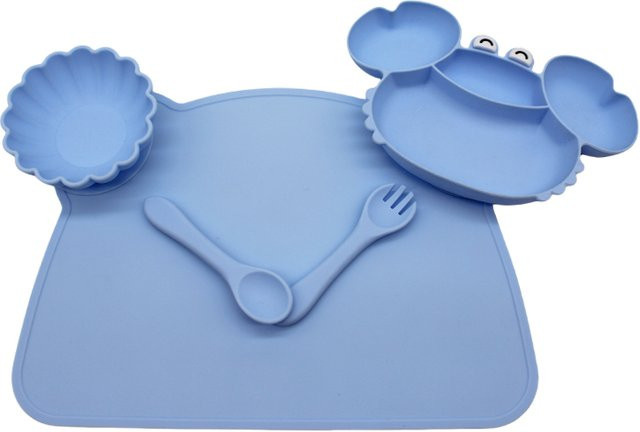 Silikon Kindergeschirr-Set mit geteiltem Krabbenfach-Teller, Lätzchen und Trainingsschüssel in Beige und Blau - Bild 1