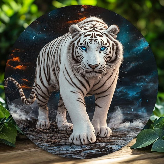 Potdemiel Wandkunstschild Weißes Tiger aus Aluminium in runder Form im klassischen Stil - Bild 1