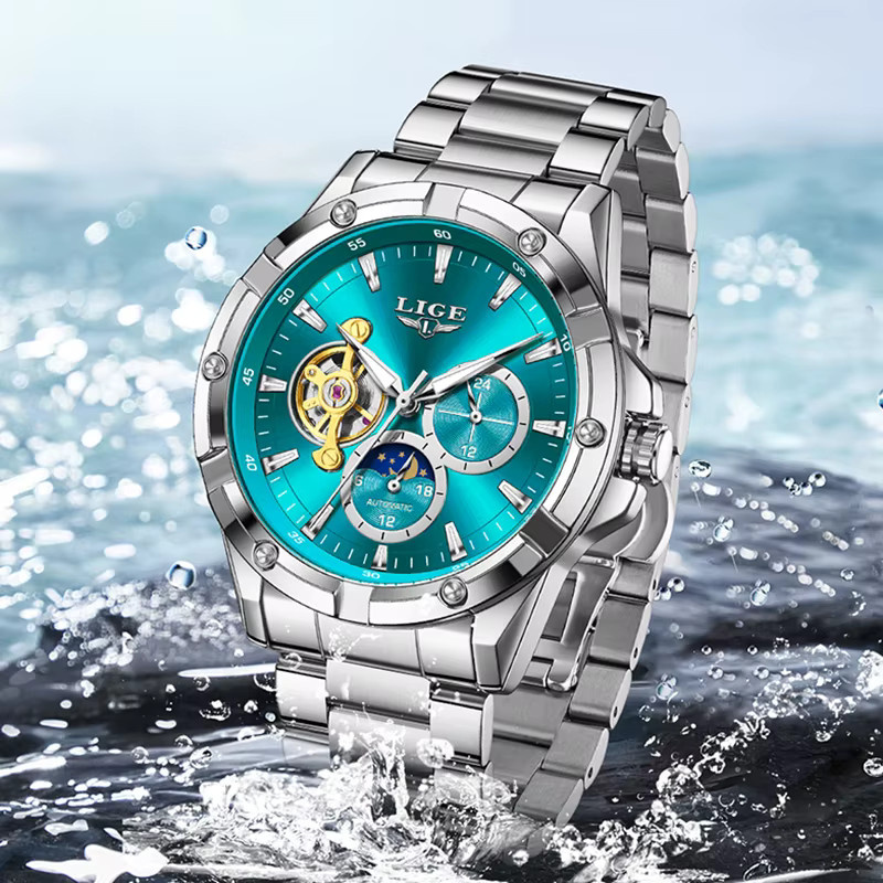 LIGE Armbanduhr Automatik, Edelstahl, Silber, Grün, Herren - Bild 3