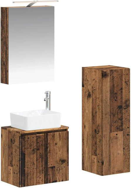 vidaXL Badezimmermöbel-Set 4-teilig aus Altholz und Glas in Braun mit LED-Beleuchtung und Spiegelschrank - Bild 1