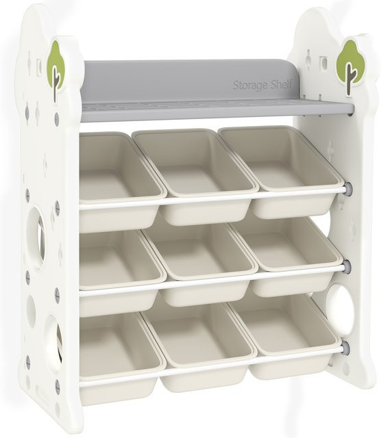AIYAPLAY Kinderregal 4-stufiges Spielzeugregal mit 9 herausnehmbaren Boxen und Haken in Weiß, B/T/H: 77 x 42 x 94 cm - Bild 1