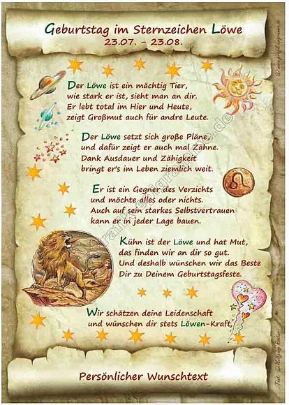 Geburtstagsurkunde Sternzeichen Löwe mit Typografie und Tiermotiven in Mehrfarbig auf Papier - Bild 1