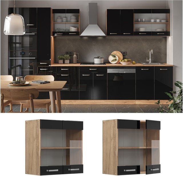 Vicco Glashängeschrank R-Line Küchenschrank mit 2 Glastüren in Schwarz und Eiche, Breite: 60 cm, Tiefe: 31 cm, Höhe: 60 cm - Bild 1