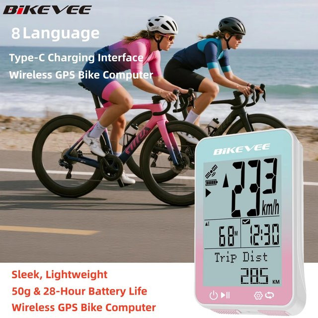 Bikevee Multifunktionaler GPS-Fahrradcomputer in Weiß mit 8 Sprachen und Auto-Hintergrundbeleuchtung als kabelloser Fahrrad-Tachometer und Kilometerzähler - Bild 1