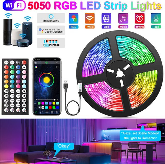 RGB LED Lichtstreifen mit Bluetooth und WiFi zur App-Steuerung und Fernbedienung, 5050 SMD LED Band für TV Hintergrundbeleuchtung und Schlafzimmer, USB 5V, Mehrfarbig - Bild 1