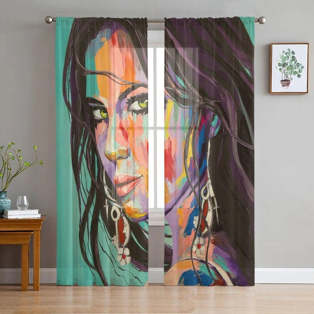 A Family Of Home Textiles Chiffon-Vorhang mit Mädchen-Ölgemälde-Motiv, transparent, multicolor, B: 135 cm, H: 114 cm - Bild 1