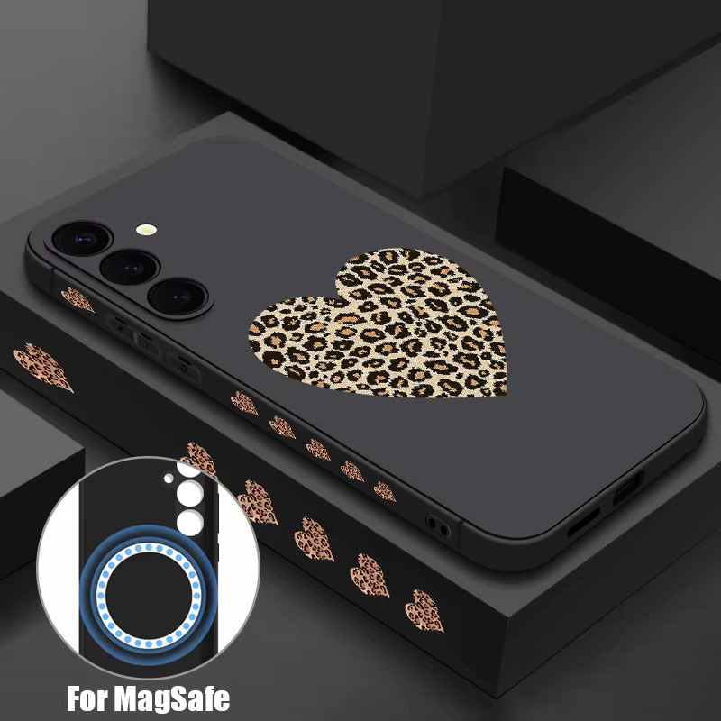 Magnetische Handyhülle mit Leoparden-Herzmuster für Samsung Galaxy S25 in Multicolour und Schwarz aus weichem TPU - Bild 1