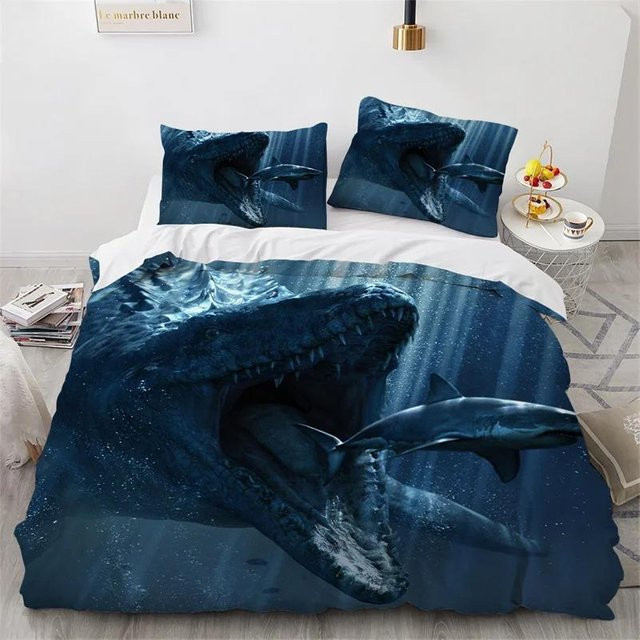 JMG Household Supplies Dinosaurier Bettwäsche-Set aus Mikrofaser mit 3D-Tierprint für Kinder und Jugendliche, Blau, B/H: 135 x 200 cm - Bild 1