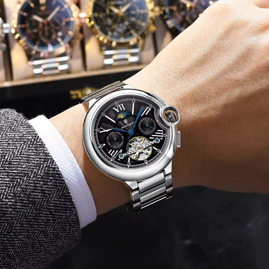 POEDAGAR Armbanduhr, Automatik, Edelstahl, Silber Blue, Herren - Bild 5
