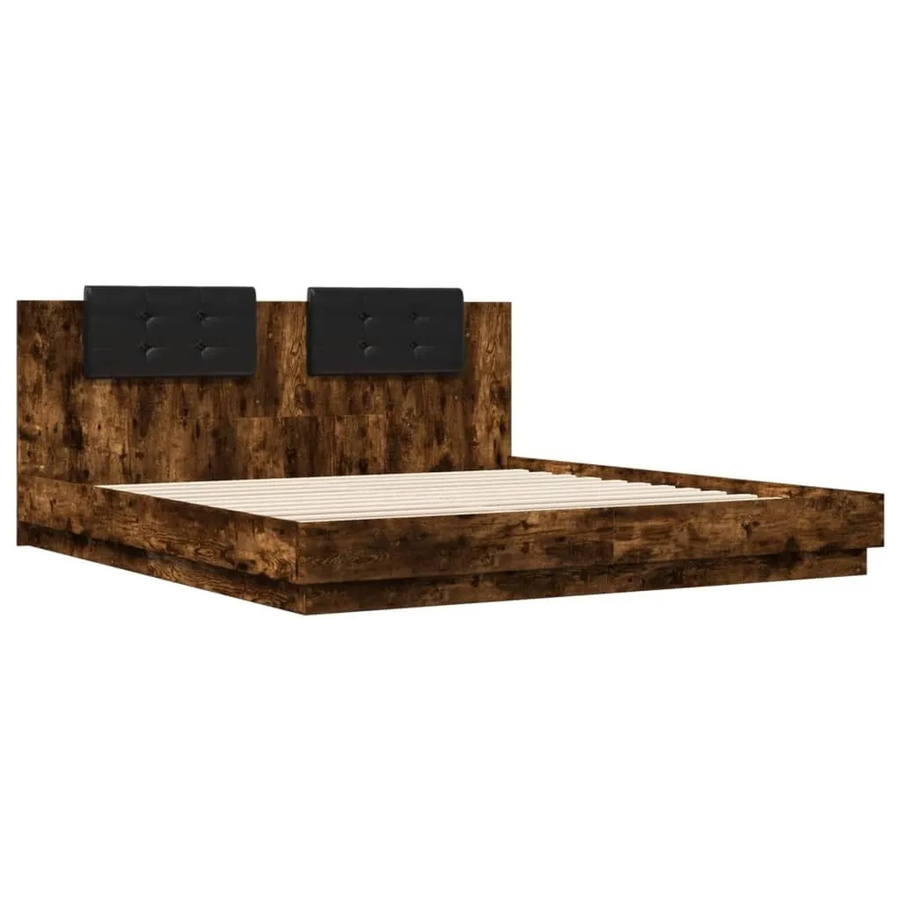 vidaXL Bettgestell mit Kopfteil in Räuchereiche mit LED-Leuchten und USB-Anschluss, B/T/H: 200 x 203,5 x 84 cm - Bild 2