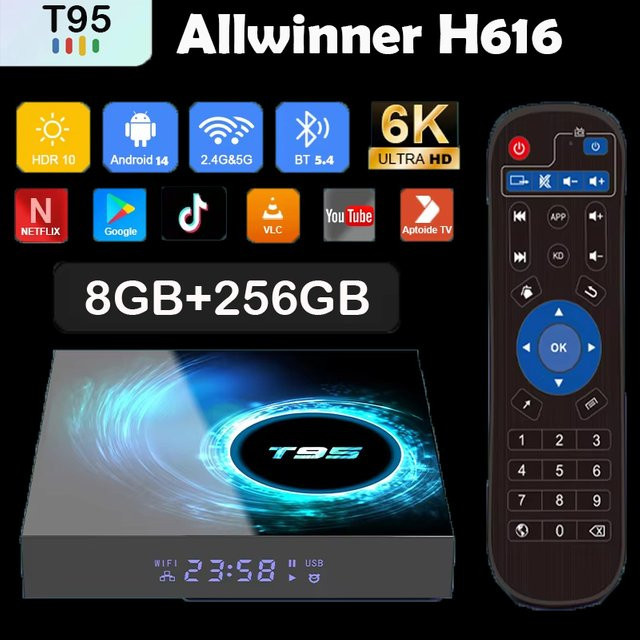 T95 Smart TV Box Android 14 Media Player mit 8GB RAM und 256GB Speicher, Allwinner H616, Dual WiFi, Bluetooth 5.4 und Google Voice Unterstützung, Schwarz - Bild 1