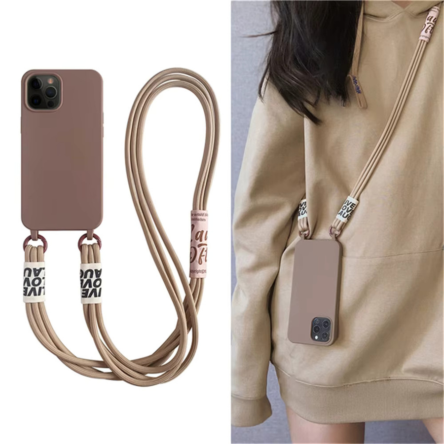 lolozzx Silikon Handyhülle mit Cord Strap Lanyard für iPhone 15 14 13 12 11 Pro Max Mini XS X XR 7 8 Plus Crossbody Halskette in Pink und Beige - Bild 1