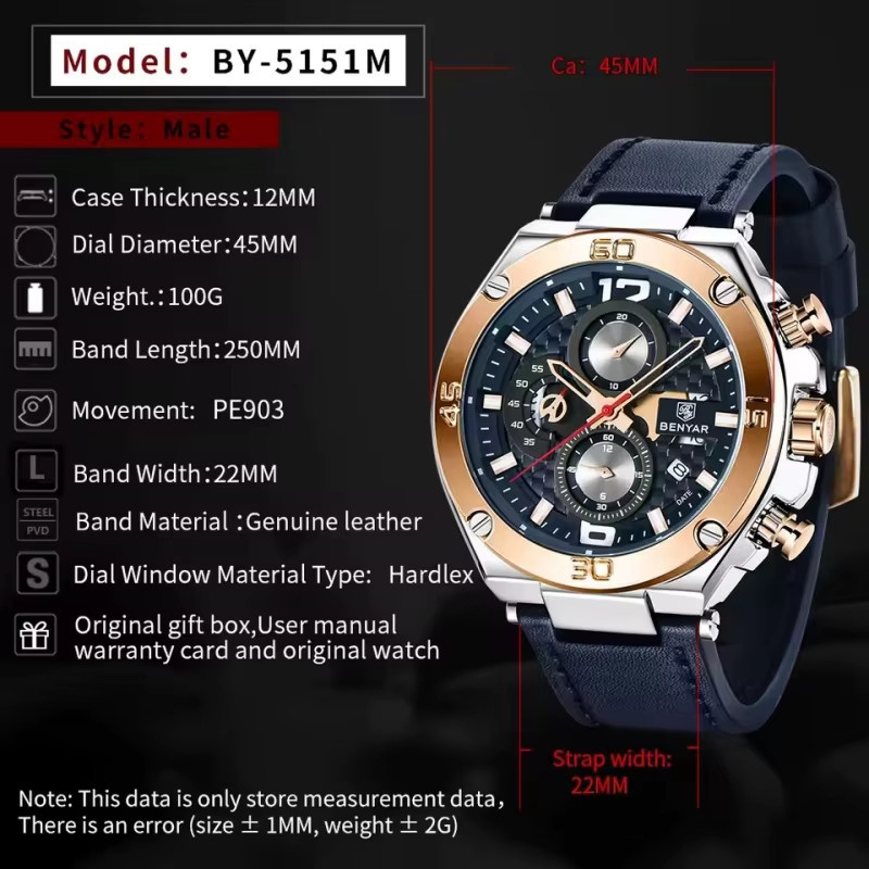 BENYAR Chronograph Armbanduhr, Quarz, Leder, Schwarz, Herren - Bild 5
