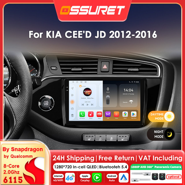 OSSURET Android 14 Autoradio mit CarPlay, Snapdragon 6115 8-Kern Prozessor, 360-Grad-Kamera und GPS für KIA CEED JD 2012-2016, Schwarz - Bild 1