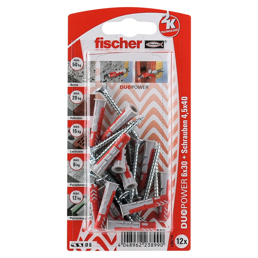 Fischer DuoPower Dübelset aus Nylon in Grau und Rot, 12 Stück mit Schrauben, Durchmesser: 6 mm, Länge: 30 mm - Bild 3