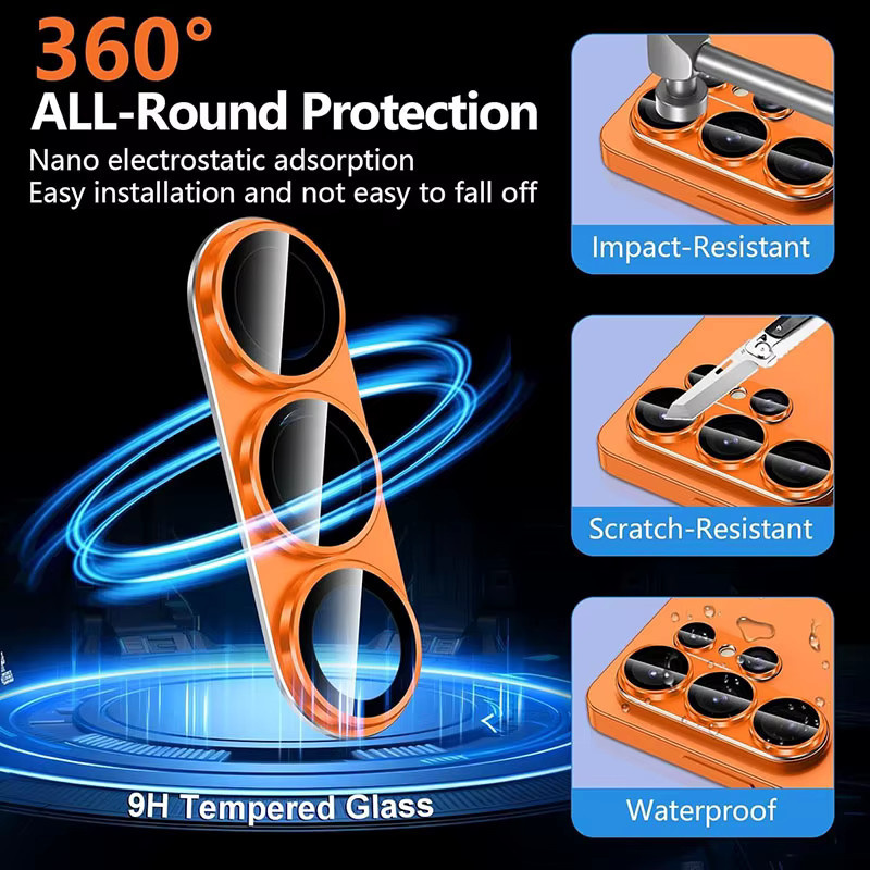 Kameraschutzfolie aus Aluminiumlegierung und gehärtetem Glas für Samsung Galaxy S26 Ultra in Schwarz und Orange - Bild 2