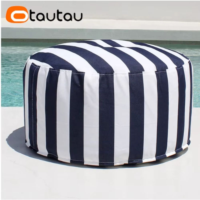 OTAUTAU Outdoor Big Bean Bag Pouf Cover Grau Gestreift, Runde Ottomane und Fußstütze für den Außenbereich (ohne Füllung) - Bild 2