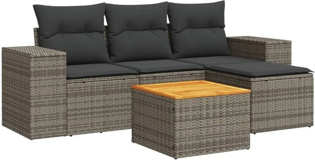 vidaXL 5-tlg Garten-Sofagarnitur Modell 50 aus grauem Poly-Rattan mit Kissen und Akazienholz - Bild 1