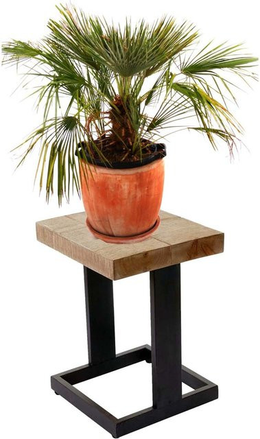 Blumenhocker MCW-A15 aus rustikalem Tannenholz in Braun, Pflanzentisch und Holzhocker, B/T/H: 48 x 36 x 32 cm - Bild 1