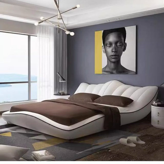 DUTRIEUX Schlafzimmer-Set mit Polsterbett und Kleiderschrank aus Leder in Weiß, B/T: 180 x 200 cm - Bild 1