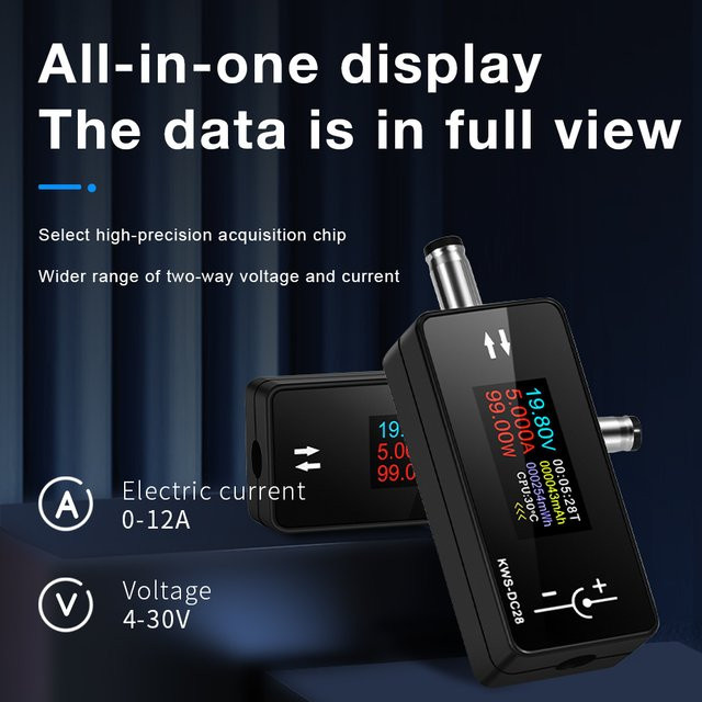 KWS-DC28 Digitaler Stromspannungsprüfer und DC-Schnittstellentester in Schwarz, 4–30 V, 12 A, Amperemeter und Leistungsmesser für kompatible DC-Anschlussgeräte - Bild 1