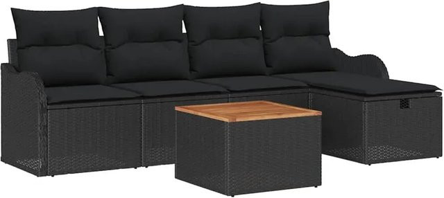 vidaXL Garten-Sofa-Set aus Polyrattan in Schwarz, 6-teiliges L-Shape Lounge-Set mit Kissen, 3-Sitzer, 2-Sitzer, Ottoman und Couchtisch - Bild 1