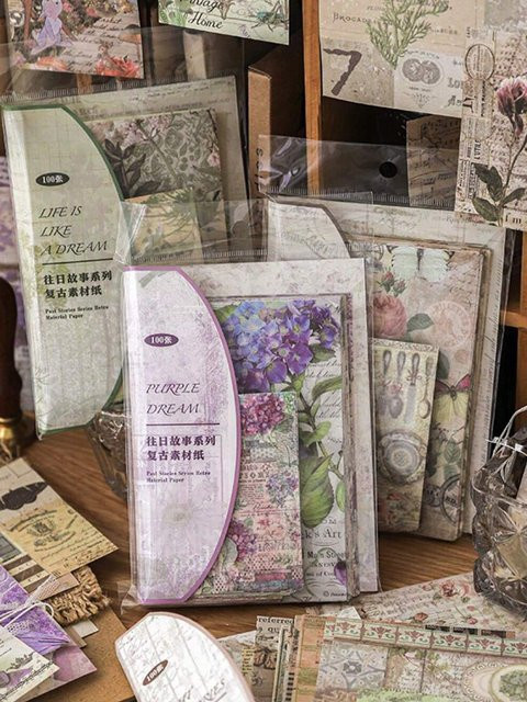 Past Stories Scrapbooking Materialpapier Set mit ästhetischen Pflanzen-Motiven und Vintage-Design, 100 Stück, Mehrfarbig - Bild 1