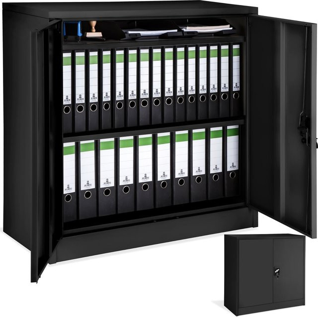 tectake Aktenschrank aus pulverbeschichtetem Stahl in Schwarz mit 2 höhenverstellbaren Einlegeböden und Schloss, B/T/H: 90 x 40 x 90 cm - Bild 1