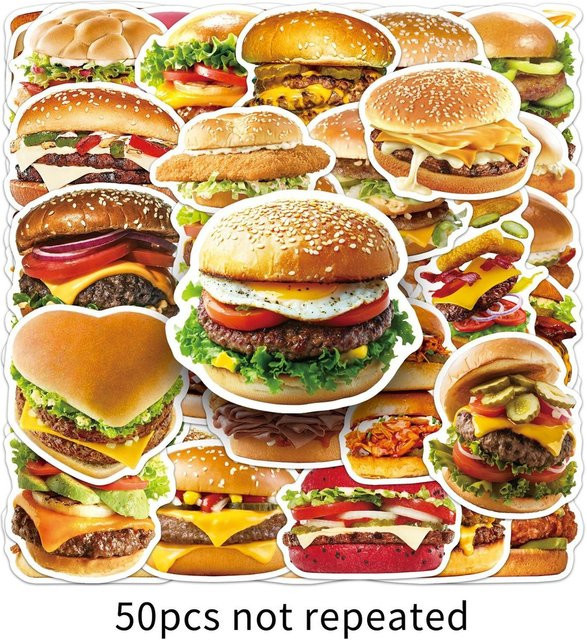 50 Stück wasserfeste Hamburger-Aufkleber in HD-Qualität für Tablets, Tagebücher und Resin Craft von AnimeWorlds Store, Mehrfarbig - Bild 1