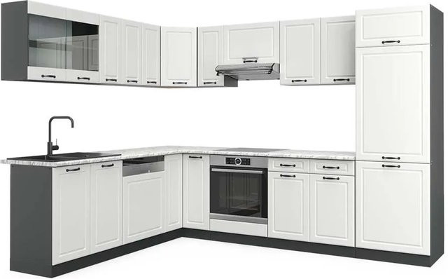 Vicco R-Line Eckküche Landhaus Weiß Strukturiert Anthrazit mit Marmor-Optik B/T/H: 227 x 287 x 207 cm - Bild 1
