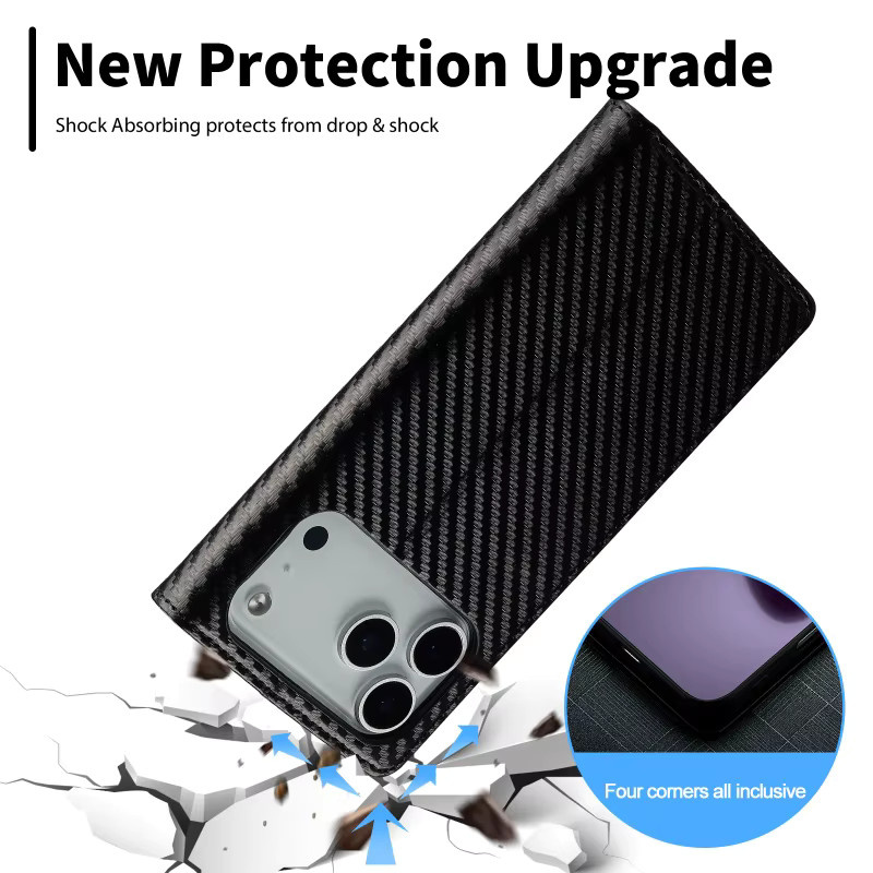 EUCAGR Handyhülle im Buchformat aus Carbonfaser und PU-Leder für iPhone Modelle in Schwarz - Bild 3