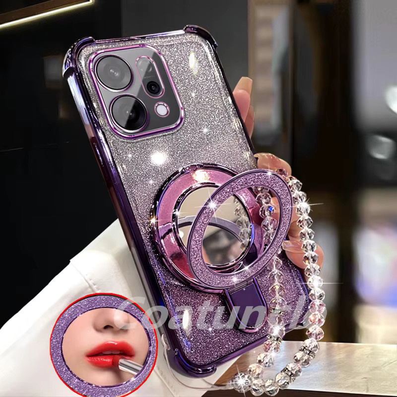 Glitzer Spiegel Handyhülle mit magnetischer Halterung und Armband für Xiaomi Redmi 15C, Note 15, Note 14 Pro Plus, 14C und POCO C85 5G in Schwarz - Bild 2