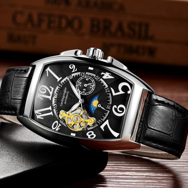 LUOLINGONGJUE Armbanduhr, Automatik, Tonneau, Leder, Schwarz, Herren - Bild 1