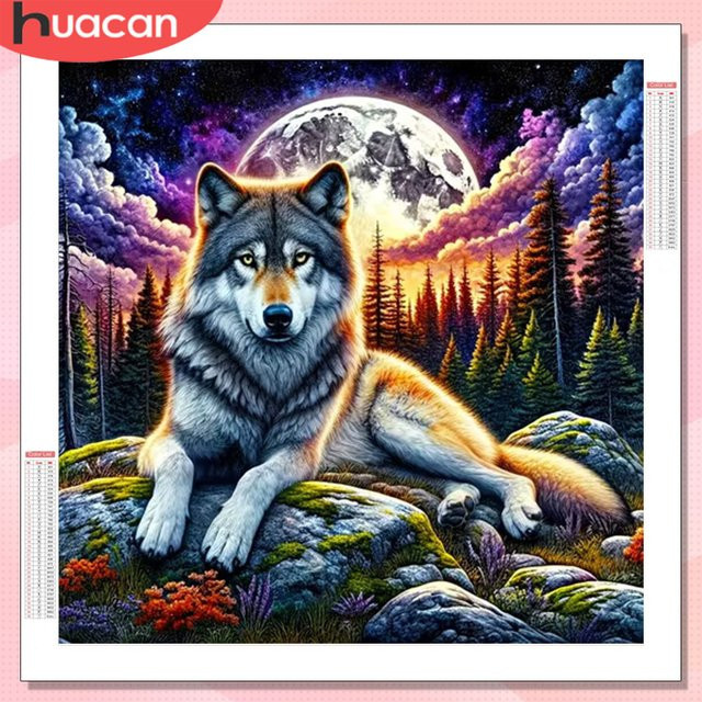 HUACAN DIY Diamantmosaik Wolf im Mondwald als Strass Diamant Malerei Set, Mehrfarbig, B/H: 20 x 20 cm - Bild 1