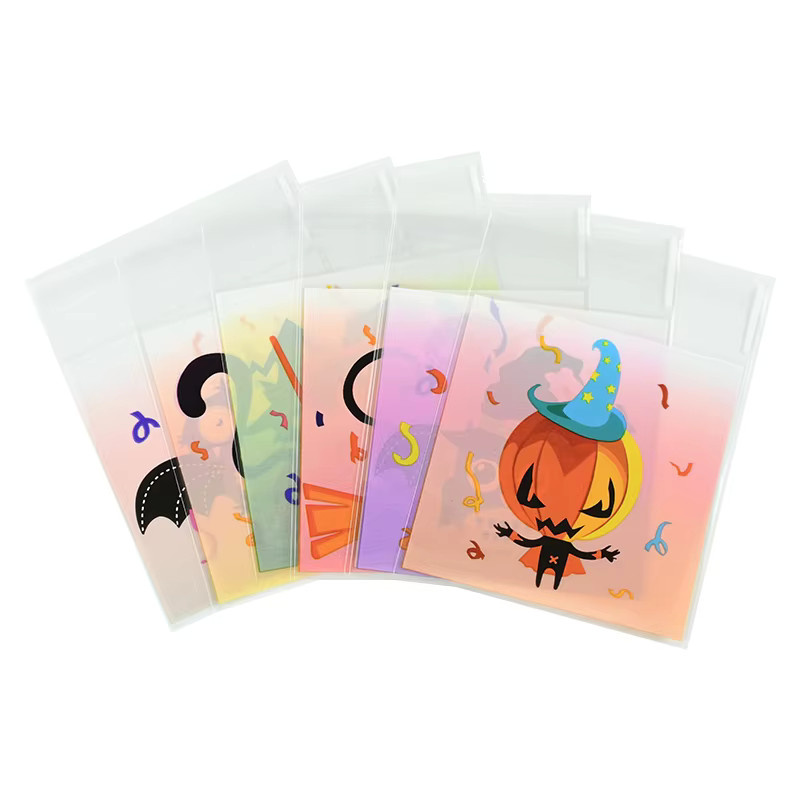 100 Stück Halloween Bonbon Beutel mit Kürbis Muster, bunte Snack Verpackung aus Kunststoff mit Klebestreifen für DIY Lebensmittelverpackung - Bild 2