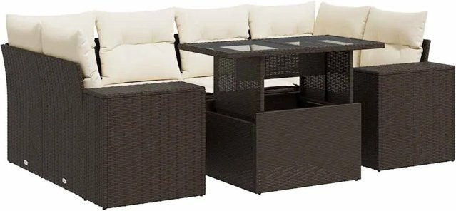 vidaXL 7-teilige Garten-Sofagarnitur in L-Form aus braunem Poly-Rattan mit cremeweißen Kissen und pulverbeschichtetem Stahlgestell - Bild 1