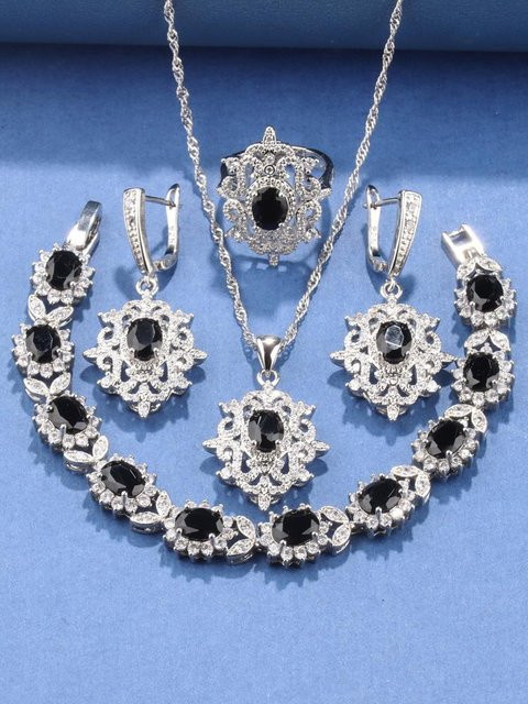 Schmuck-Set Armband, Halskette, Ohrringe, Ring, Kupfer, Zirkonia, grau, Damen - Bild 1
