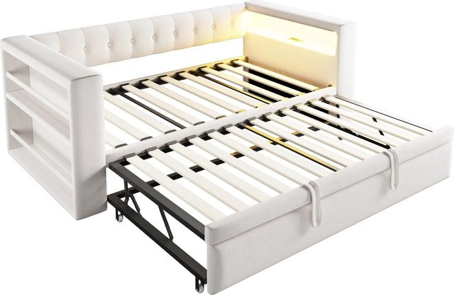 Merax Schlafsofa Beige mit LED-Beleuchtung, USB-Ladeanschluss und Stauraum, B/T/H: 180 x 190 x 97 cm - Bild 1