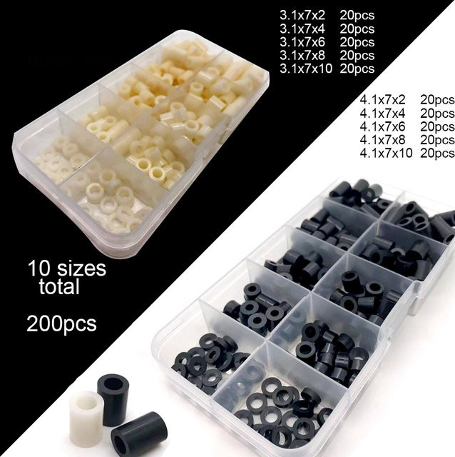 TINGGOO Nylon Spacer Set mit 200 Teilen in 10 Größen, M3 und M4 Hohl Abstandshalter und Unterlegscheiben aus Kunststoff, Schwarz Weiß Multicolour - Bild 1