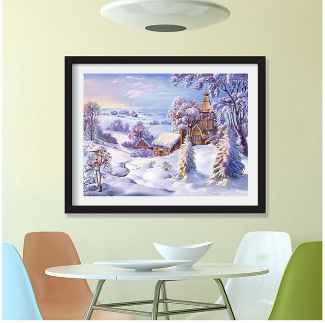 FIYO Diamant-Stickerei Winter-Schneelandschaft als modernes Landschaftsbild in Grau und Weiß, B/H: 20 x 30 cm - Bild 1