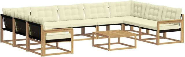vidaXL Outdoor-Sofagarnitur aus massivem Akazienholz in L-Form mit Textilene-Bezug und Kissen, 10-teilig, Weiß und Beige - Bild 1