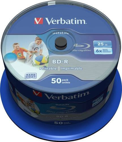 Verbatim DataLife BD-R Blu-ray Rohlinge 25GB mit bedruckbarer Oberfläche für Tintenstrahldrucker, 50 Stück Spindel, Blau - Bild 1