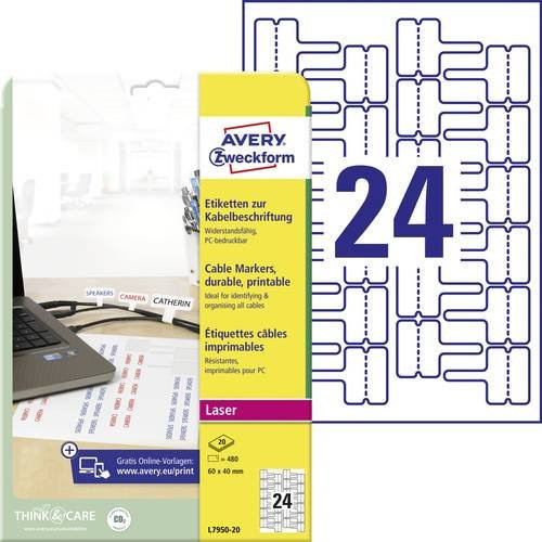 Avery Zweckform Kabel-Etiketten aus weißer Polyester-Folie für Laser und Kopierer, 480 Stück, B: 6,0 cm, H: 4,0 cm - Bild 1