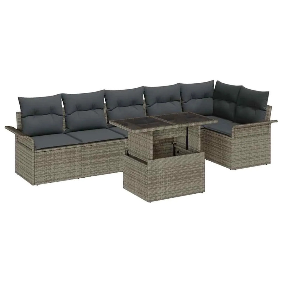 vidaXL Garten-Sofa-Set aus Poly-Rattan in Grau, 7-teiliges L-Shape Lounge-Set mit Ecksofa, Mittelsofa, Sesseln, Tisch und integriertem Kissen-Speicher sowie UV-beständigen Polstern - Bild 2