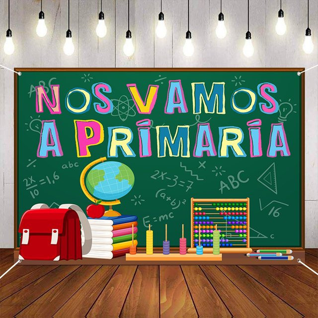 AFYPRTY Hintergrundbanner NOS VAMOS A PRIMARIA in Tafeloptik mit bunten Schullelementen aus Polyestergewebe, Mehrfarbig - Bild 1