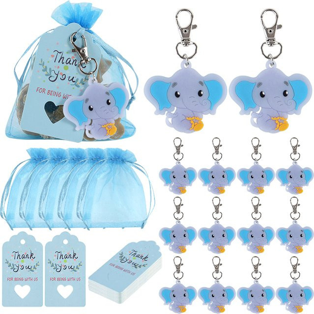 ZQNYCY Elefanten-Schlüsselanhänger in Blau mit Organzabeutel und Dankeschön-Tags als Gastgeschenke für Babyparty oder Kindergeburtstag - Bild 1