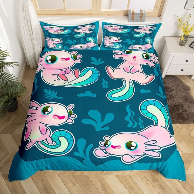 Jinmeige Axolotl Schlafbettwäsche-Set für Kinder, 3-teiliges Bettwäsche-Set mit Bettbezug und Kissenbezug, Blau, B/H: 140 x 200 cm - Bild 1