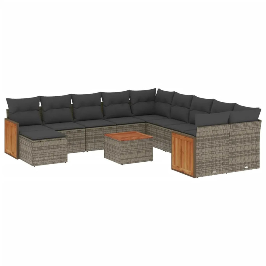 vidaXL 12-tlg. Garten-Sofagarnitur aus Polyrattan und Akazienholz in Grau mit UV-beständigen Kissen - Bild 2